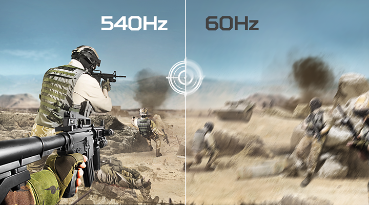 Porównanie sceny ze strzelanki przy 540 Hz i 60 Hz